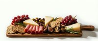 Gourmet cheese and charcuterie board with assorted meats, crackers, grapes and nuts on wooden serving platter for entertaining and appetizers.