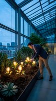 Businessman tending to innovative light bulb garden in modern glass office building at dusk, symbolizing growth of creative ideas and sustainable business solutions.