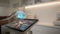 Hands interacting with holographic brain projection emerging from tablet screen in modern kitchen, showcasing augmented reality medical technology and futuristic interface.