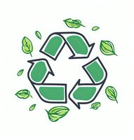 Green recycling symbol surrounded by fresh leaves in hand drawn style on white background, eco-friendly concept for environmental design.
