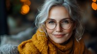 Mature woman with silver gray hair and glasses wearing cozy mustard yellow scarf smiling warmly at camera. Soft bokeh background creates intimate autumn mood.