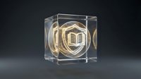 Glowing neon book icon inside transparent glass cube on dark background, representing education, learning, and digital knowledge for web design and technology concepts.