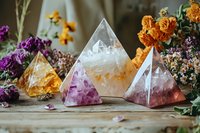Crystal pyramid collection with amethyst, citrine and clear quartz formations arranged with dried flowers on rustic wooden surface, creating mystical healing atmosphere.