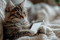 Adorable tabby kitten lying on white bedding while holding smartphone, looking at screen with curious expression, fluffy long-haired cat using mobile device.