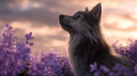Majestic black Keeshond dog in profile against sunset sky with blooming purple lupine flowers creating dreamy summer atmosphere.