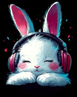 Cute white bunny wearing red headphones with closed eyes and happy expression on black background, decorated with hearts and splashes in neon style.