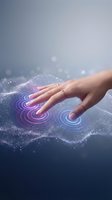 Female hand touching digital holographic interface with purple ripple effects and glowing particles on gradient background for futuristic technology concepts.
