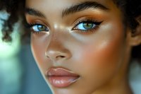 Close up portrait of young African American woman with natural curly hair, bright blue eyes, and glowing bronze makeup showing flawless skin texture and modern beauty trends.