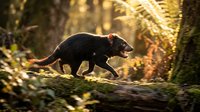 Tasmanian devil walking on moss-covered log in golden sunlight through forest ferns. Wildlife photography showcasing endangered marsupial in natural habitat.