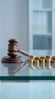 Wooden gavel and golden coins on glass table representing legal fees, financial litigation, court costs, and justice system expenses in modern office.