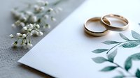 Gold wedding rings on elegant invitation card with delicate white flowers and green leaf design. Perfect for wedding photography and stationery.