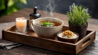 Steaming herbal soup in ceramic bowl on wooden tray with rice, candle and fresh rosemary plant, creating cozy atmosphere for healthy dining experience.