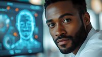 Young African American male doctor analyzing holographic medical scan in modern healthcare facility with advanced diagnostic technology.