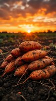 Fresh harvested carrots pile on fertile soil during golden sunset in agricultural field showcasing organic farming and healthy root vegetables for cooking.