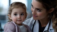 Young Caucasian female pediatrician examining adorable toddler girl during medical checkup in modern clinic office for healthcare and childcare.