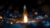 Golden rocket launching into starry night sky with glowing engine thrust and magical bokeh light effects against dark blue background. For business startup concepts.
