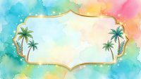 Tropical watercolor frame with palm trees and gold border on rainbow gradient background, isolated on white for design projects.
