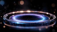Glowing cosmic ring with sparkling particles and light trails against dark background creates magical portal effect with blue and purple luminescence.