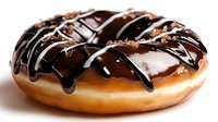 Glazed chocolate donut with rich dark chocolate drizzle on white background. Sweet bakery dessert treat isolated for culinary design projects.