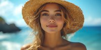 Young Caucasian woman in straw hat smiling at beach, natural sunlight illuminating tanned skin against turquoise ocean background, summer vacation lifestyle portrait.