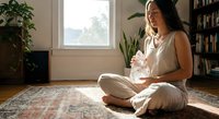 Young woman practicing mindfulness meditation in bright living room with plants and books creating peaceful wellness atmosphere at home.