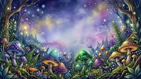 Enchanted forest floor with glowing mushrooms, ferns, and magical starlit sky in purple, gold, and green tones. Fantasy woodland scene for creative projects.