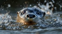 Close-up portrait of river otter swimming with head above water surface, creating splashes and ripples in natural habitat during golden hour light.