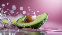 Fresh avocado half with pit splashing in clear water against pink background, water drops and dynamic motion creating artistic food composition.