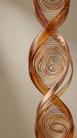 Abstract copper DNA double helix structure with spiral patterns and metallic finish for science and biotechnology concepts.