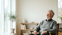 Senior man with gray hair and beard, wearing glasses and gray sweater, sitting in modern living room with natural light, wooden furniture and potted plants for lifestyle and home design.