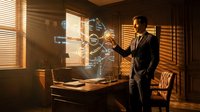 Professional businessman in suit interacting with futuristic holographic interface displaying digital data and analytics in modern office with warm lighting.