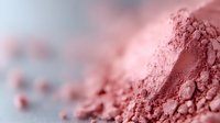 Crushed pink mineral makeup powder or blush close up with soft focus background showing fine cosmetic pigment texture and scattered particles.