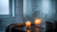Glowing candle on a wooden surface beside a foggy mirror with the word Sorry written in condensation, evoking emotion and apology.
