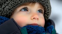 Young child with blue eyes wearing knitted hat and scarf looking up outdoors in winter snow. Cold weather clothing portrait for seasonal campaigns.