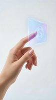 Hand touching futuristic holographic interface with glowing button on transparent digital screen for technology and innovation concepts.