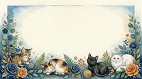 Watercolor frame with cute cats and floral elements, blue roses, green leaves, paw prints, copy space for text, greeting card or invitation design.