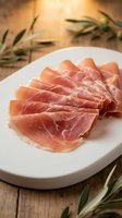 Thinly sliced cured ham arranged on white plate with olive branches on rustic wooden table for gourmet dining and culinary presentations.