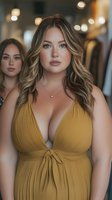 Confident plus size woman in mustard yellow dress with blonde wavy hair standing in modern retail store with soft lighting for fashion and lifestyle content.