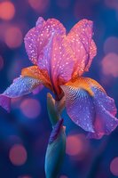 Magical iris flower with water drops in pink and purple colors against dark blue bokeh background, glowing petals with delicate patterns and morning dew.