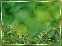 Watercolor green background with ornate gold flourish borders, suitable for invitations, certificates, and design projects.