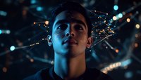 Young Asian male model illuminated by blue neon lights with glowing particles and bokeh effects creating futuristic cyberpunk atmosphere in dark environment.
