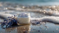 Homemade sea salt scrub with lavender on sandy beach at sunset, natural skincare product for spa treatments and body exfoliation.