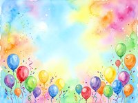 Colorful balloons floating against a vibrant watercolor gradient background with splashes and confetti, perfect for celebrations, party invitations, and festive designs.