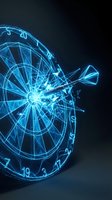 Glowing blue digital dartboard with dart hitting bullseye center on dark background for business targeting and goal achievement concepts.