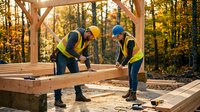 Two construction workers in safety gear measuring and positioning wooden beam during outdoor building project with autumn forest backdrop.
