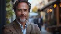 Confident mature Caucasian businessman with gray beard wearing tweed jacket smiling at camera on blurred urban street background with bokeh lights.
