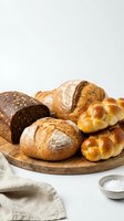 Assorted fresh baked breads including sourdough, whole grain, and braided loaves arranged on wooden board for bakery, food styling, and culinary content.