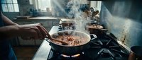 Hands cooking ground meat in skillet on gas stove with steam rising in rustic kitchen. Home cooking, meal preparation, culinary skills concept.