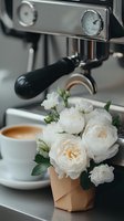 White garden roses in kraft paper holder next to espresso machine and coffee cup, creating cozy morning atmosphere with soft, moody lighting.