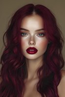 Young woman with burgundy wavy hair, bright blue eyes, freckles and dark red lips against neutral background. Professional makeup and hair styling for beauty industry.